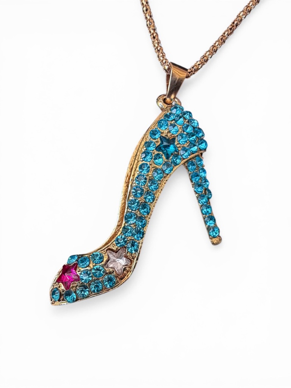 Betsey Johnson Blue Rhinestone Stiletto High-Heel Pendant Necklace NWT
